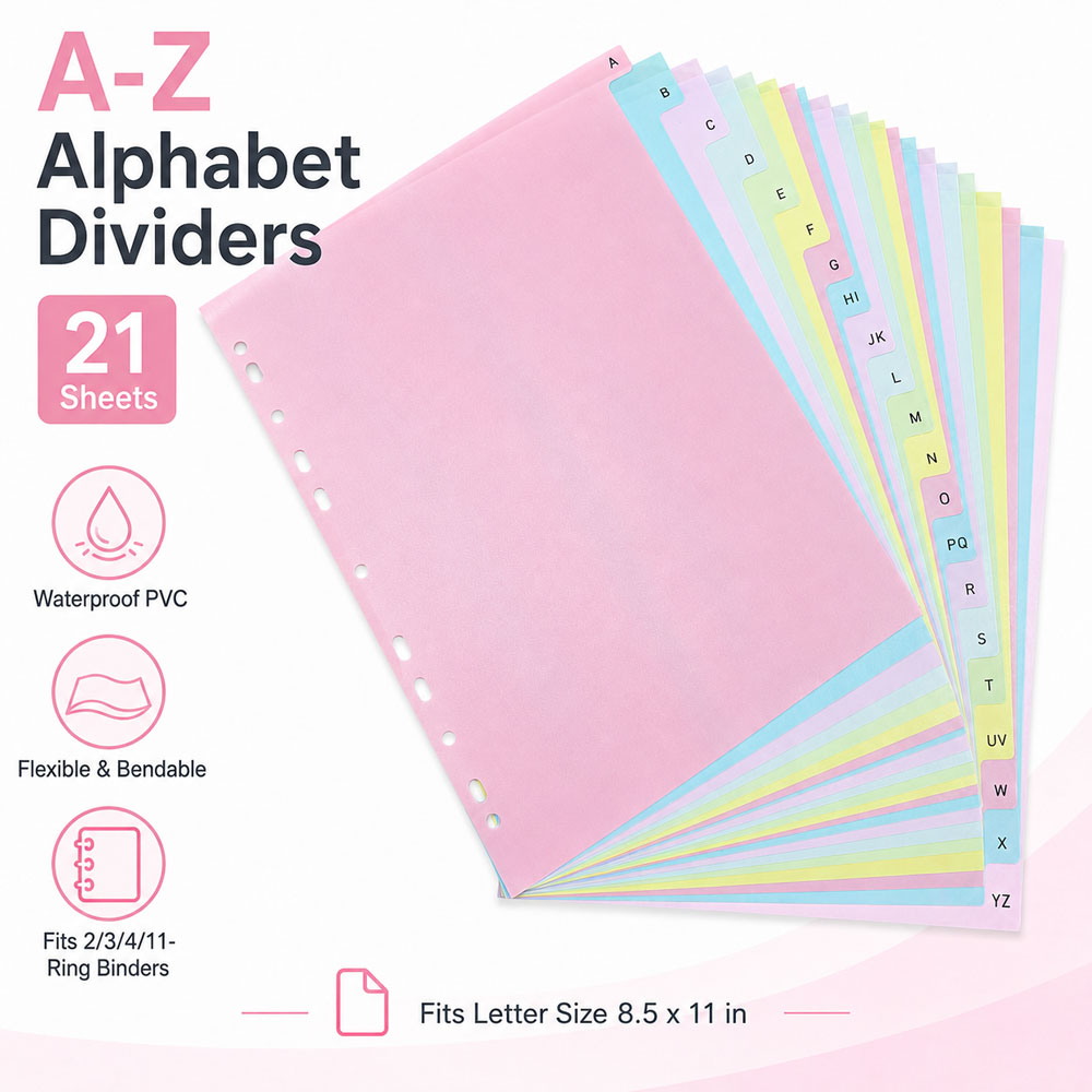 Index Tab Divider - 21 intercalaires alphabet A-Z, étiquettes d'indexation